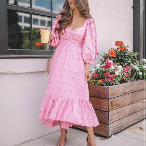 Farm Rio Pink Maxi Dress with Embroidered Pineapples. Puff Sleeves +Ruffle skirt - Picture 2 of 12